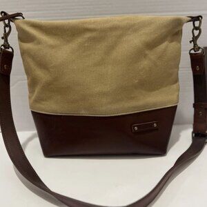 LL Bean Women's Canvas Crossbody Khaki W/ Brown Leather(some Scratches See Pics)
